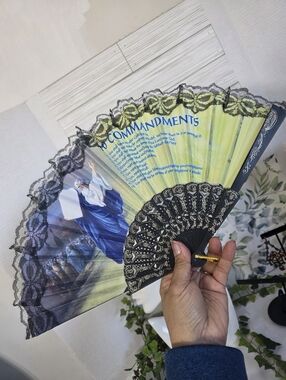 Fabric and Lace Folding Hand Fan 10 Commandments with Moses